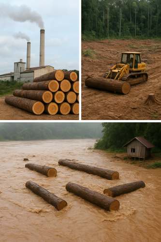 Di Balik Kayu Gelondongan Sumatera: Dari Pabrik hingga Banjir Bandang